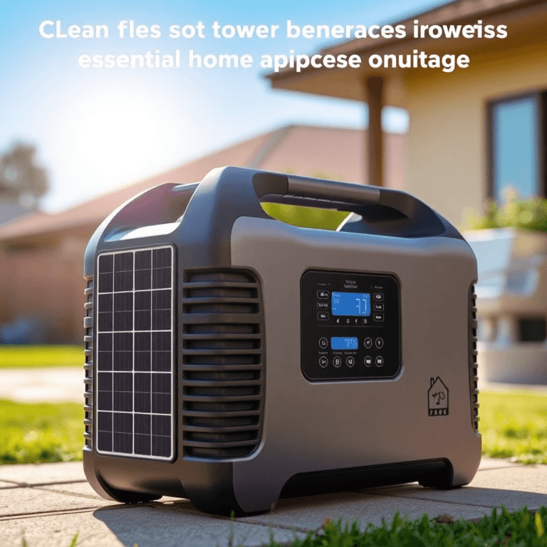 A sleek portable solar generator with digital display outdoors under bright sun, symbolizing clean renewable energy powering home appliances during...
