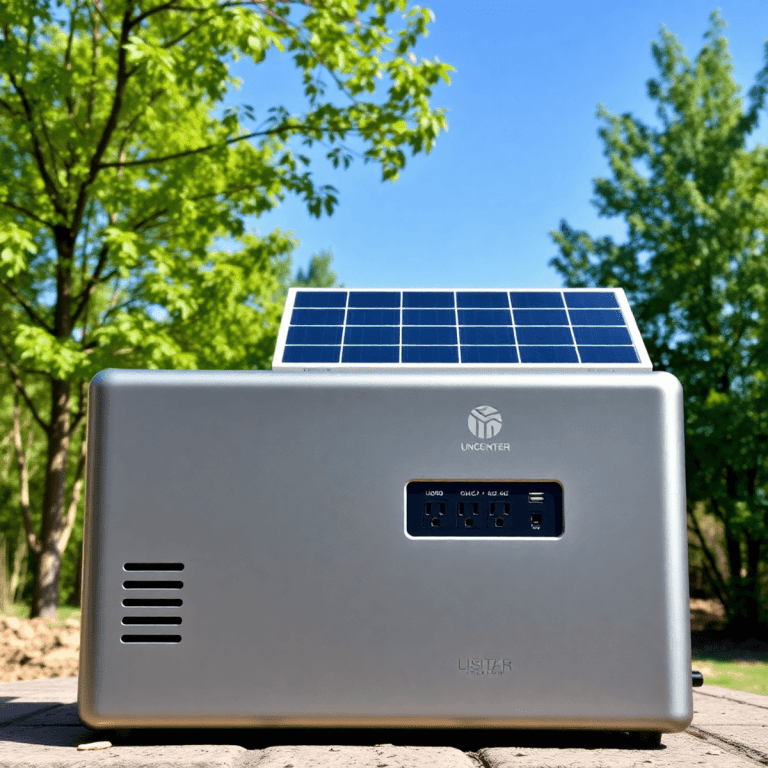 A sleek solar generator outdoors with solar panels and outlets, surrounded by green trees under a clear blue sky, highlighting clean renewable energy.