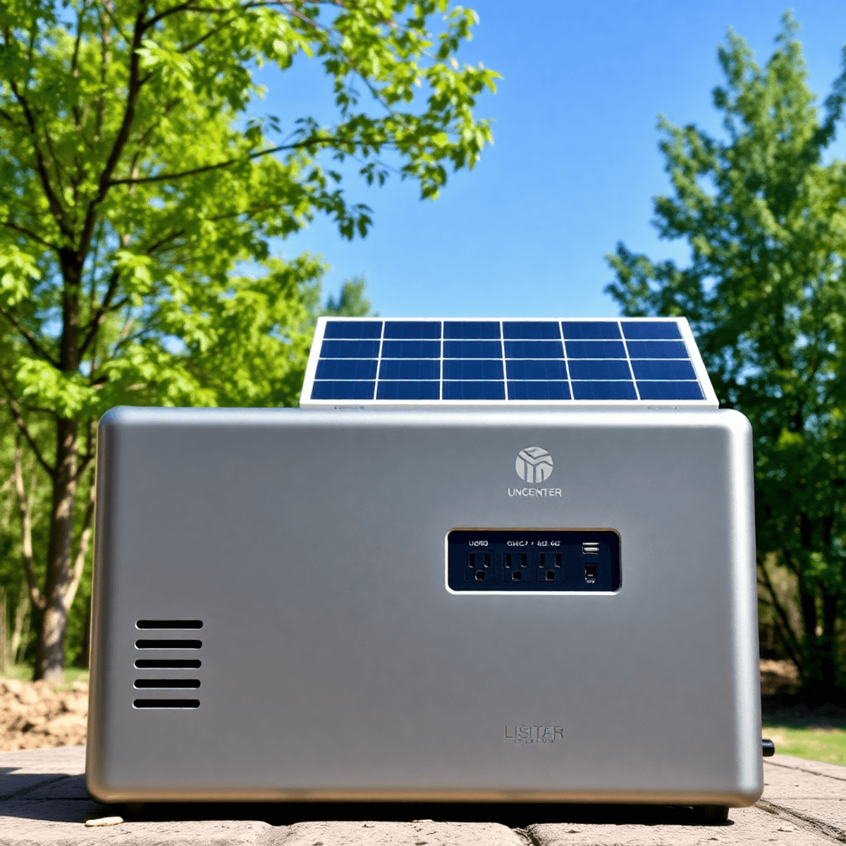 A sleek solar generator outdoors with solar panels and outlets, surrounded by green trees under a clear blue sky, highlighting clean renewable energy.