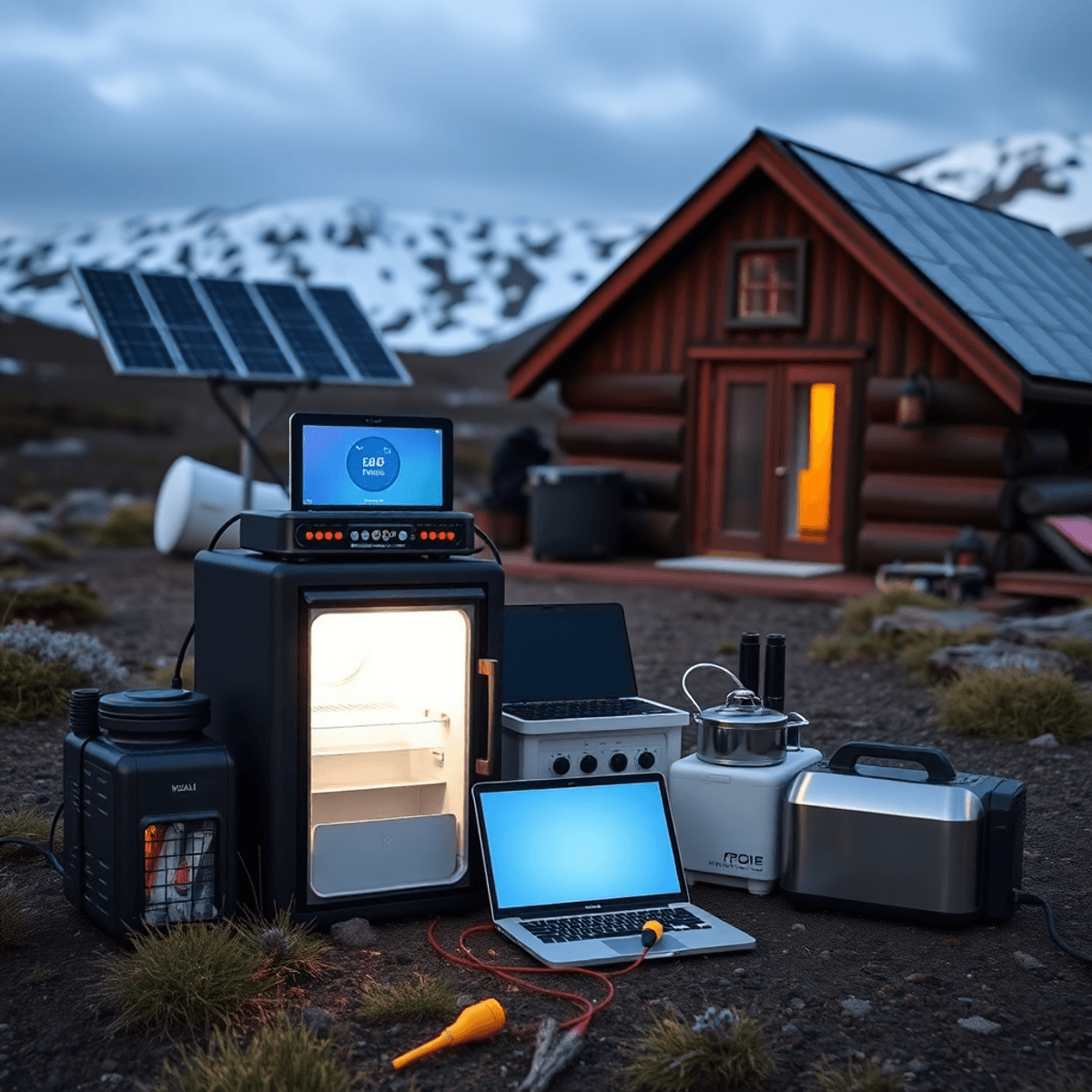Compact portable power station powering appliances at a remote cabin with solar panels in the background.