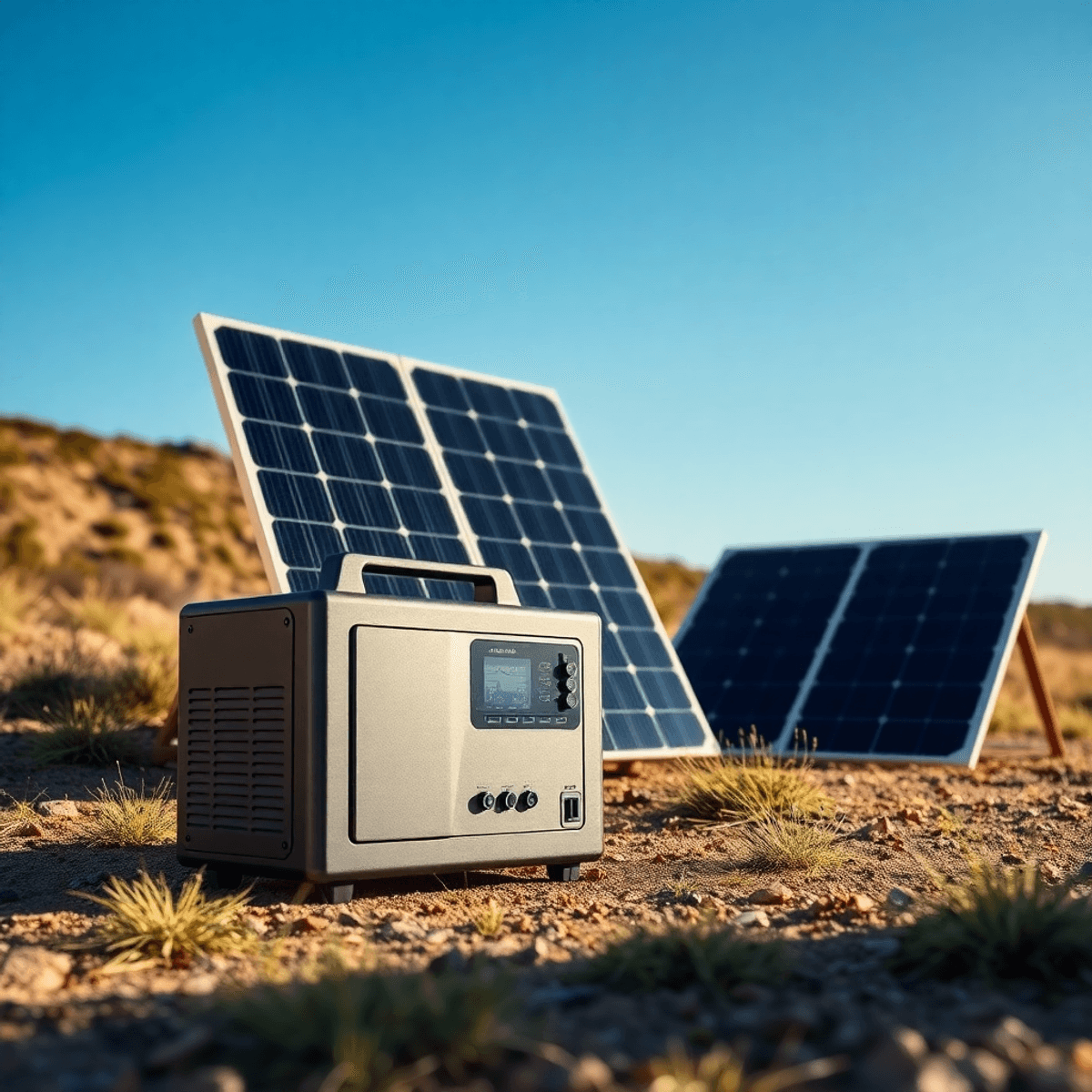 Portable solar generator with foldable panels under bright sunlight in a natural setting, showcasing clean and sustainable energy technology.